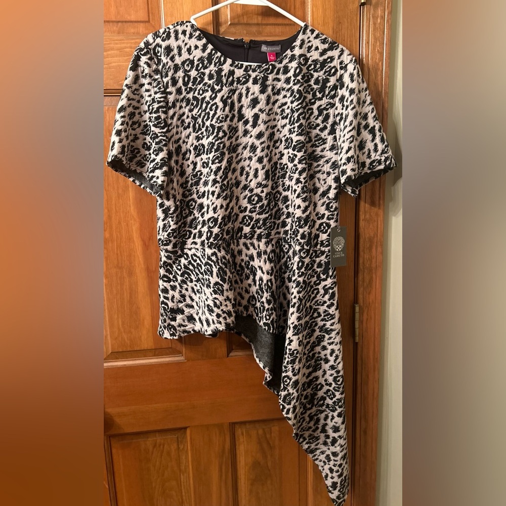 Vince Camuto Black and White Animal Print Asymmetrical Top
